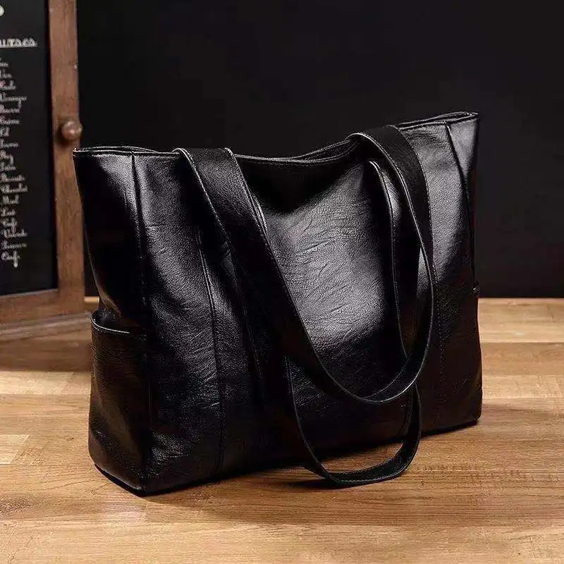 Female Big Soft Leather Satchel Bag Classic Solid Color Simple Casual Large Capacity Tote Single Shoulder Handbag