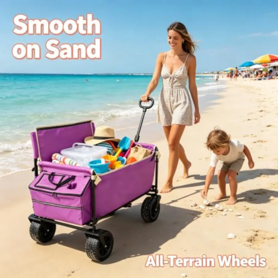 Beach utility wagon cart seat: collapsible, heavy-duty steel frame, navy blue, integrated ice bag for cooling drinks and food