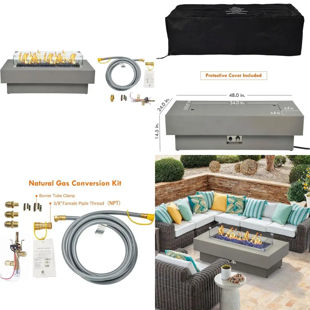 

Современный стол для костра для патио на открытом воздухе, 48-дюймовый прямоугольный стол, преобразование природного газа на 50 000 БТЕ, ветрозащитный стеклянный щиток