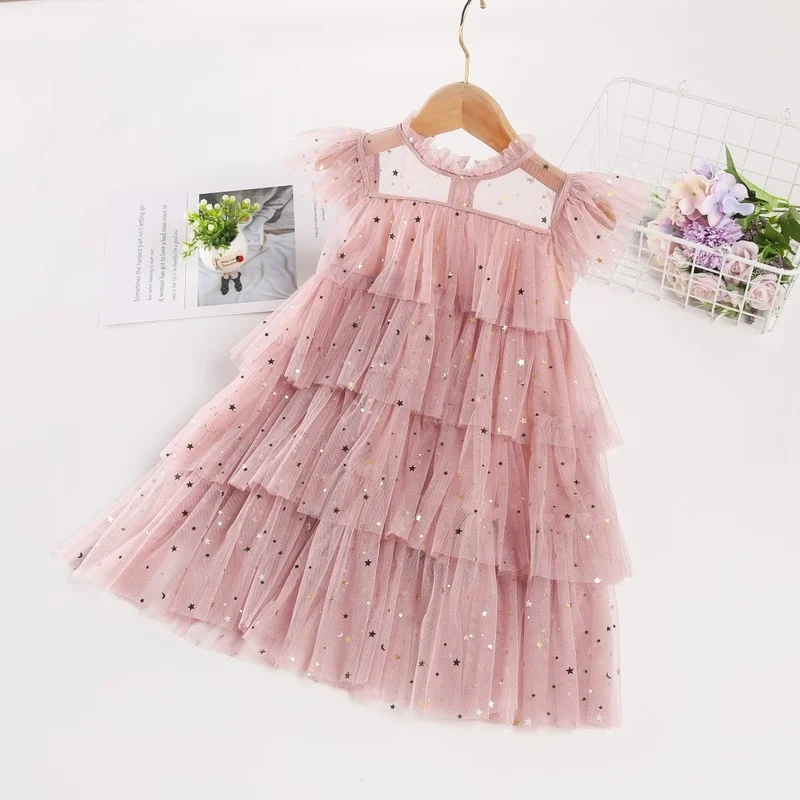 2022 New Girls Dress Stars Sequins Layered Dress Kids Princess Dresses Fashion Children\'s Clothing Sexy Mesh Tutu Skirts Girl