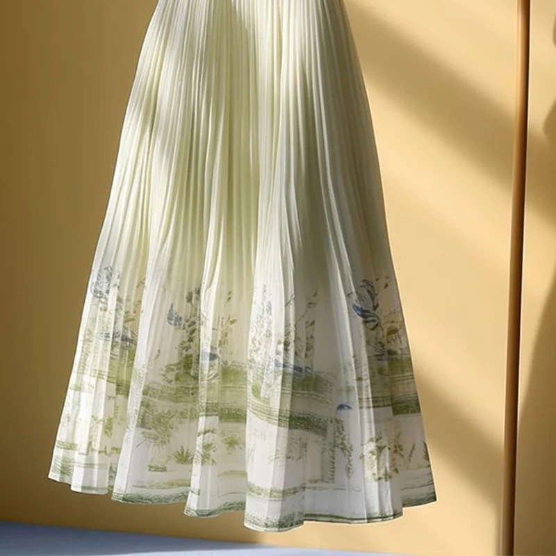 Spring Summer All-match Printing High Waist Skirts Ladies Fashion Office Lady Pleated A-line Skirt Women Natural Scenery Skirt
