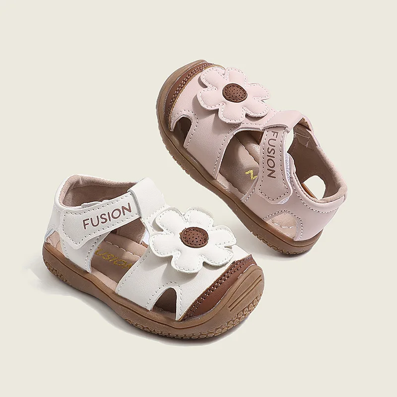 Little Girl First Walker Sandals Summer Flower Children Closed-toe Shoes Causal Hollow-out Lightweight Kids Outdoor Flat Sandals
