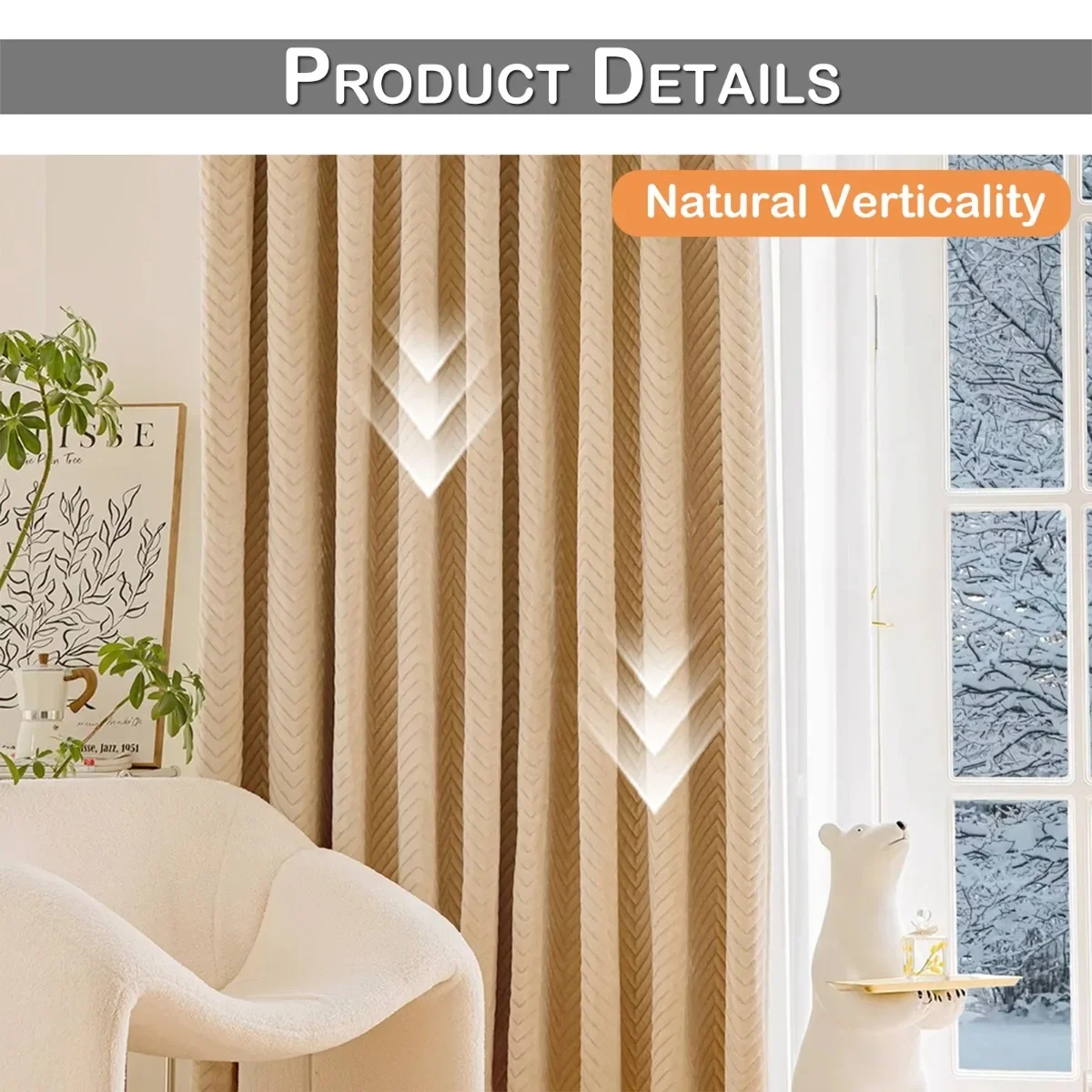 Winter Thermal Warm Folder Cotton Curtain Cold proof Windbreak Soundproof Blackout Beige Curtains for Living Room and Bedroom