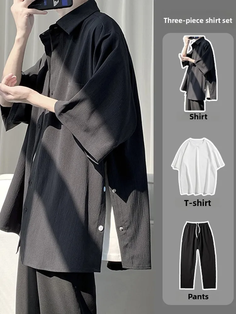 Summer Casual Loose Men's Shirt Five-Quarter Sleeve Button-Down Split Cool Trendy Three-Piece Set Teenager Fashion Sportswear