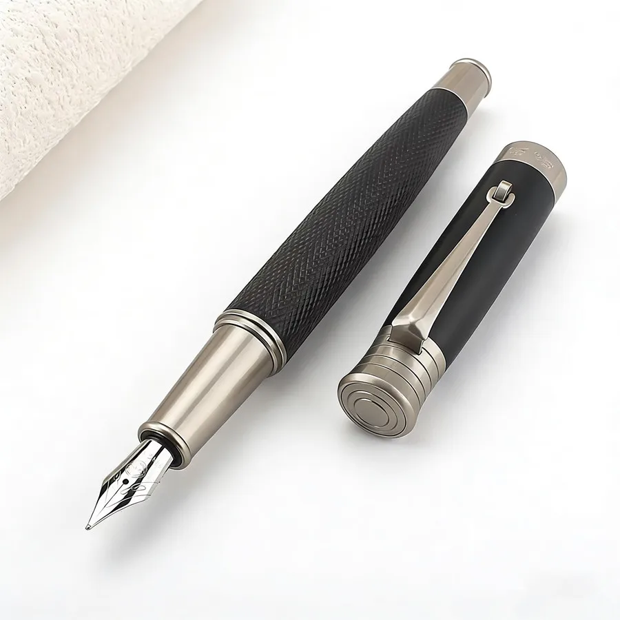 

Luxury Black Silver Fountain Pen | Textured Metal Body Business Pen | Premium Gift for Office & Signature