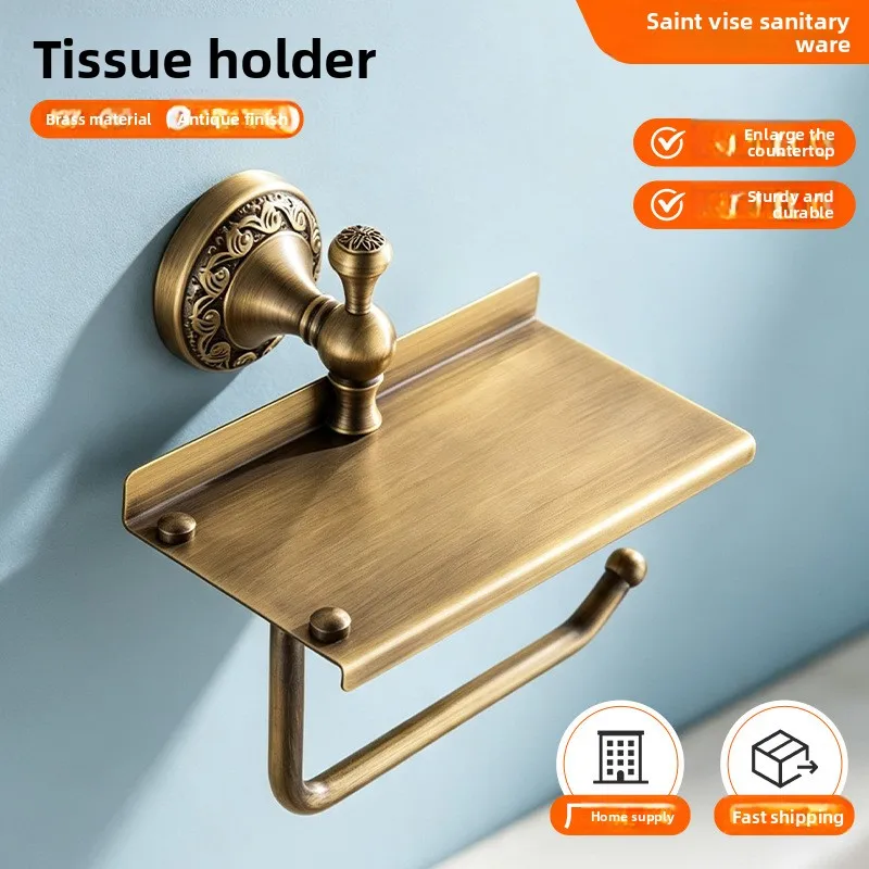 Antique Brass Wall Mounted Toilet Paper Holder Shelf Punch-Free Or Screw Mount Tissue Roll Rack Bathroom Hotel Powder Room