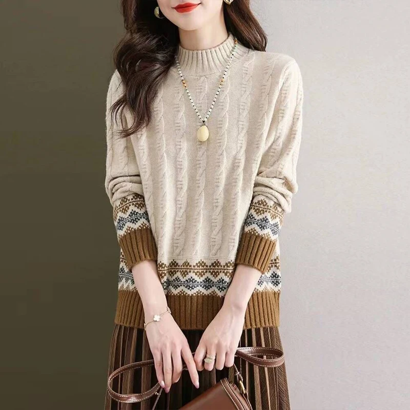 

Autumn Winter Fashion Jacquard Knitted Pullovers Women Clothing Vintage Commute Loose Warm Sweaters Comfortable Soft Wool Top