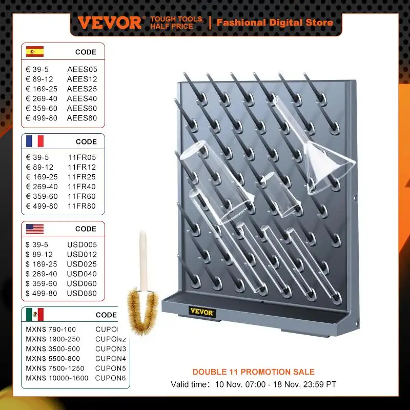 

VEVOR Lab Drying Draining Rack W/ 27/52/90 Detachable Pegs School Laboratory Supplies Wall Mount Desktop Glassware Tube Support