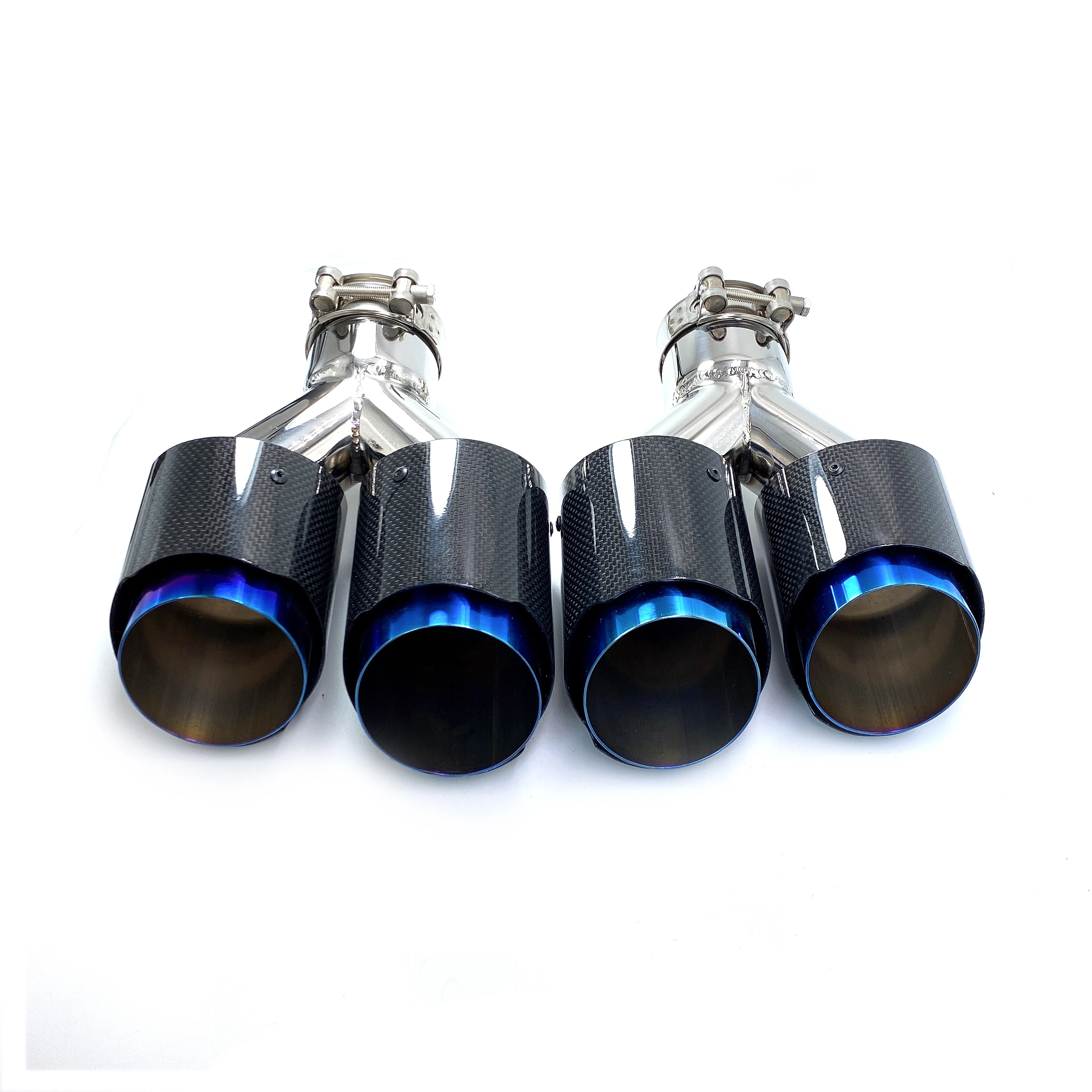 Remus 2Pcs Y Type Dual Exhaust Tips Car Universal Glossy Carbon Fiber Blue Stainless Double Exit Exhaust Pipes Muffler Tailpipe