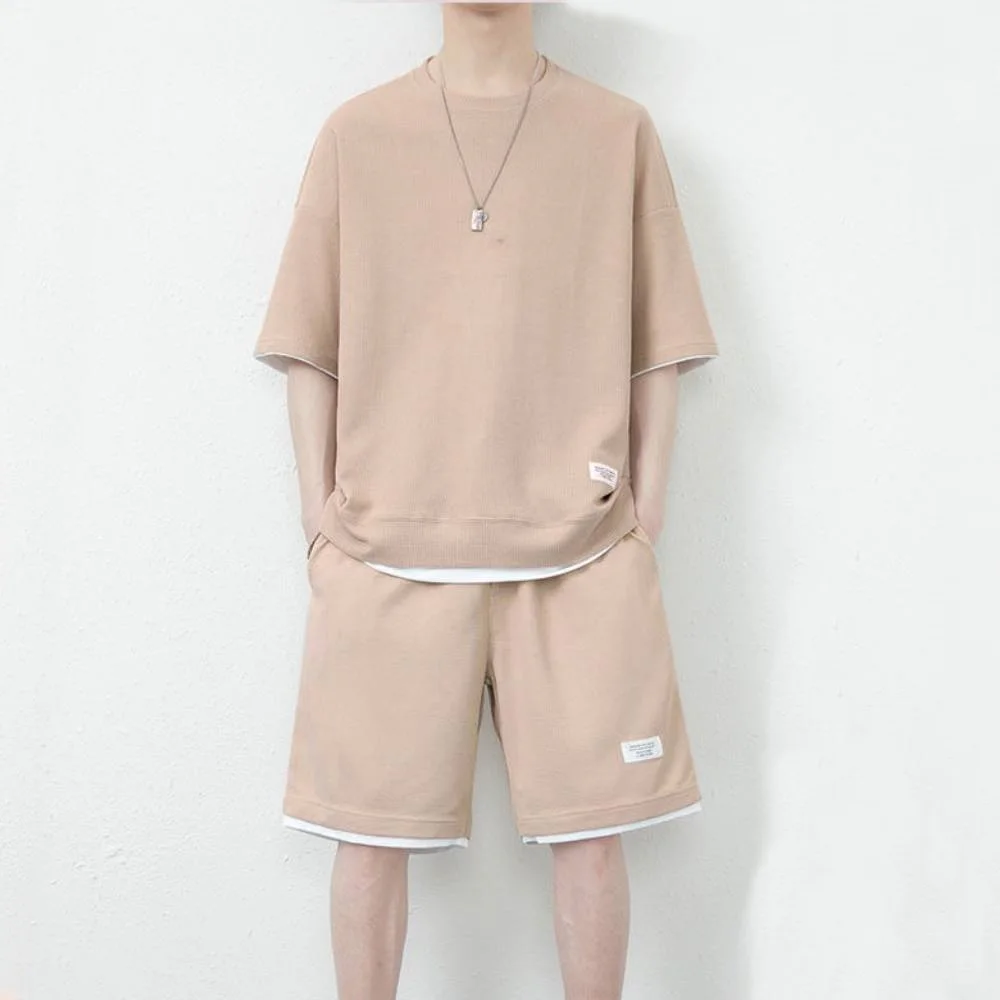 Men Tracksuit Sets Summer New Linen Fabric Tshirt & Shorts Sportwear Suit Fashion Mens Waffle Crewneck Tees Short Pants Outfits