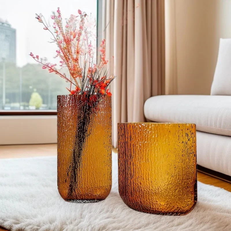 Vase en verre texturé concave-convexe plat haut de gamme de grand diamètre, ornement de dispositif de culture d'eau à motif d'écorce de salon