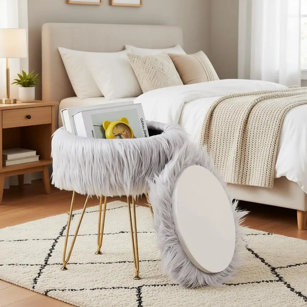 

Круглый пуф-оттоманка с подставкой для туалетных принадлежностей, подносом с мраморным узором, кофейным столиком, компактной подставкой для ног и металлическими ножками для гостиной, спальни