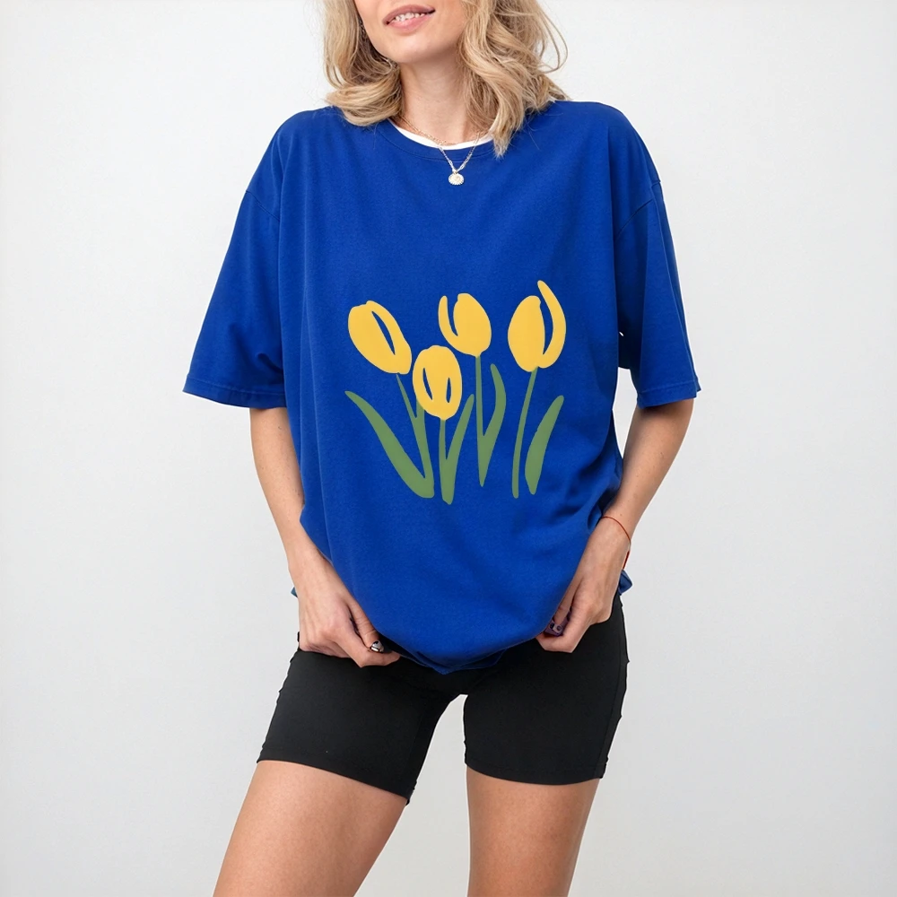 2025 novo amarelo floral y2k oversized camiseta feminina-algodão de alta qualidade verão topo ensolarado solto ajuste estilo y2k roupas femininas