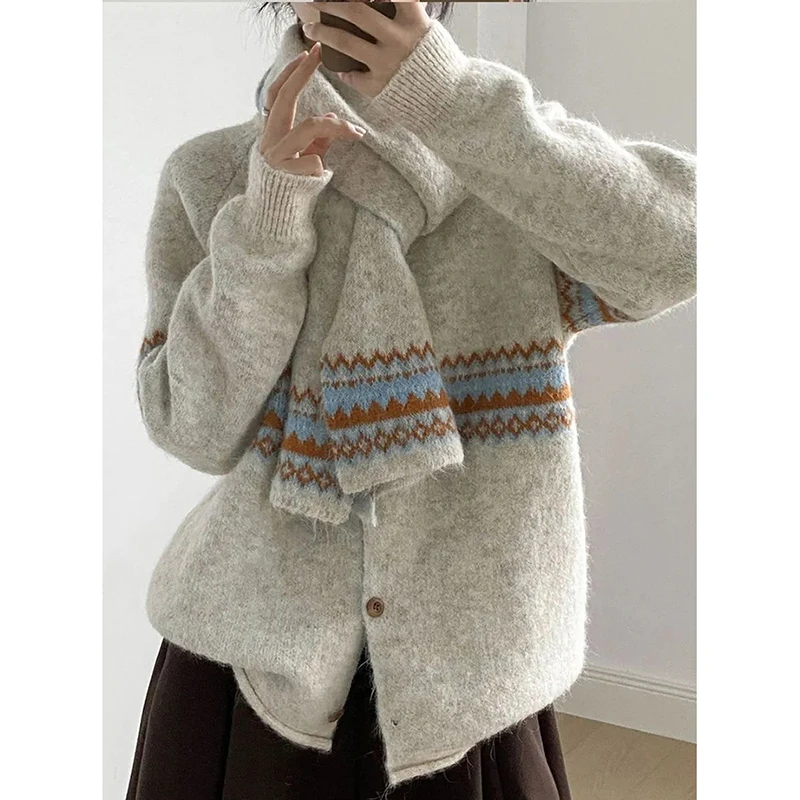 Women Fair Isle Knit Cardigan Matching Scarf Set Fuzzy Sweater Oversized Zigzag Pattern Winter Cozy Outerwear Top