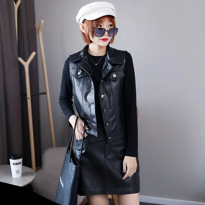 Real Leather Women\'s Skirt Sets High Quality Genuine Sheepskin Leather Tank Jackets Women Female Mini Skirts Ropa Mujer Zjt2552