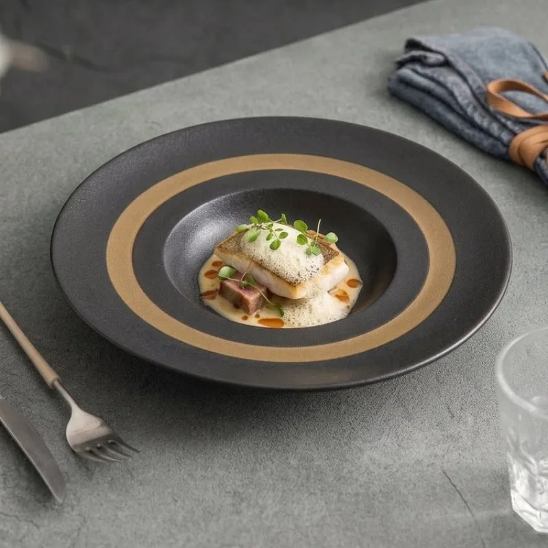 Simple Ceramic Black Gold Sand Line Pattern Soup Plate Round Pasta Dessert Salad Plate High-end Western Dining Plating Tableware