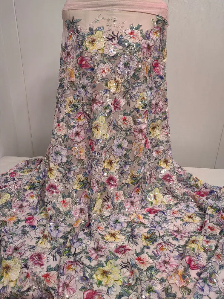 

Multicolor Large Floral Embroidered Lace Trim Fabric with Sequins on Tulle Bridal Gowns Flower Girl Dresses DIY Costume Material