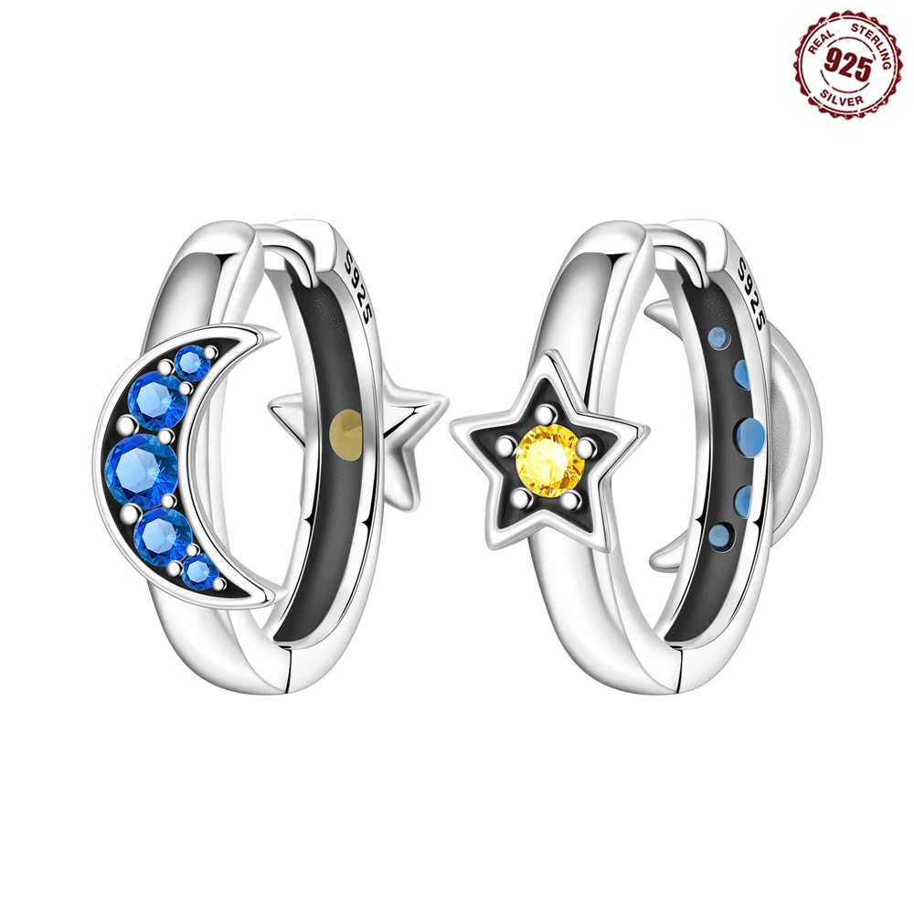 

925 Sterling Silver Asymmetrical Moon & Star Huggie Hoop Earrings Celestial Starlight Earrings Minimalist Trendy Jewelry Gift