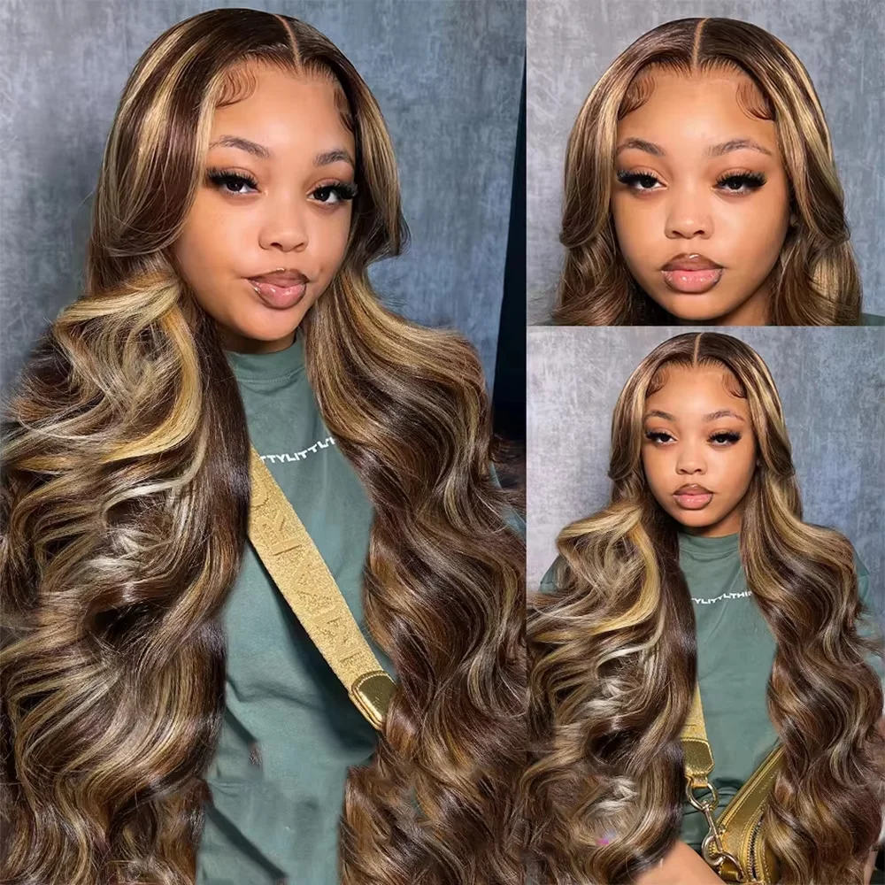 P4/27 Highlight Brown Body Wave 13x6 HD Lace Frontal Human Hair Wigs Brazilian Colored 13x4 Transparent Lace Wigs Pre Plucked 36 Inch For Women