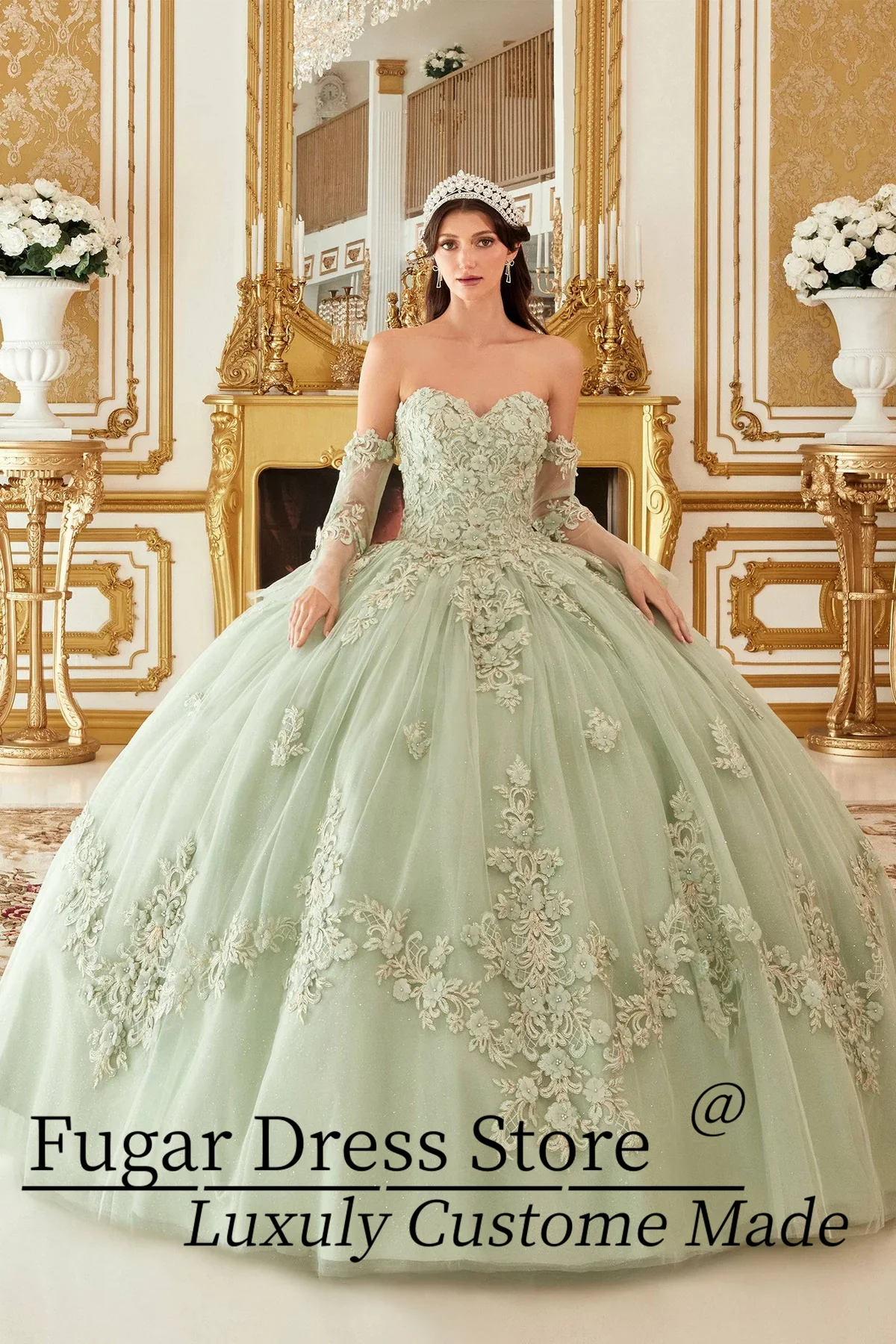 Layered Floral Ball Gown Quinceanera Dress Strapless sweetheart neckline Detachable Transparent Decal Sleeves vestidos de fiesta