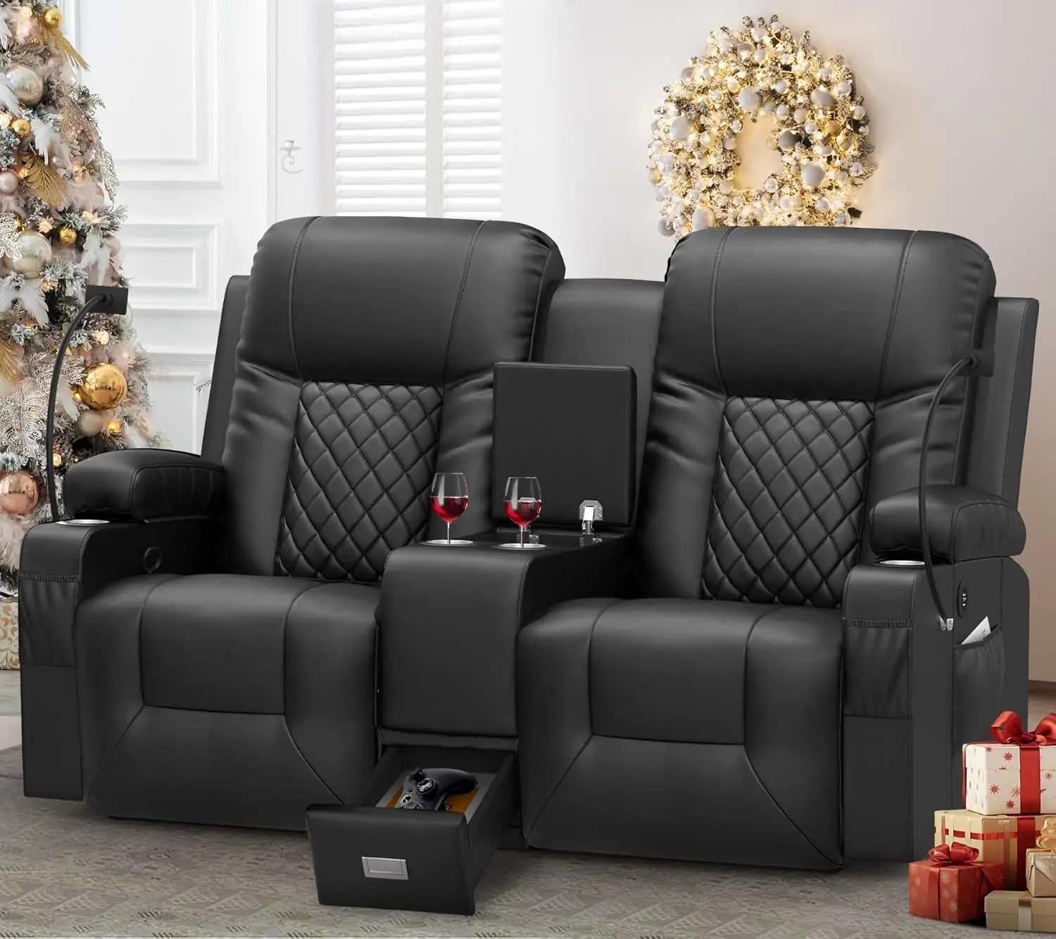 Large Loveseat Recliner, Loveseat Recliner Sofa with Storage Console, Recliner Chair with USB Ports, 2 Cell Phone Holder