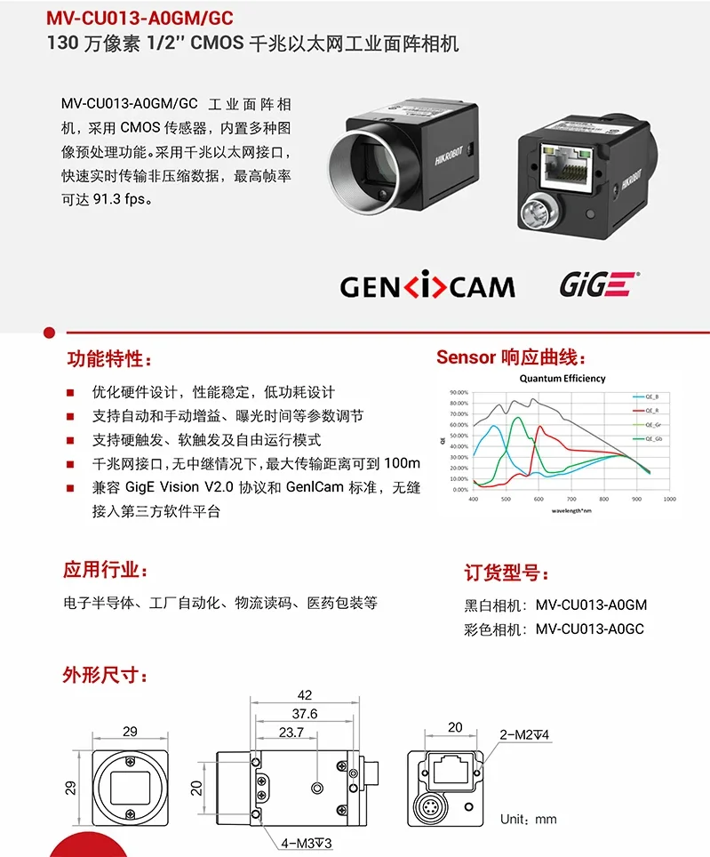 Industriekamera HD 4K Hochgeschwindigkeitsroboter USB Visuelle Inspektion MV-CU013-A0GM/GC