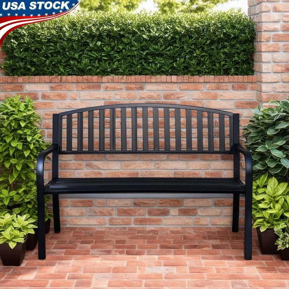 High Back Outdoor Metal Garden Bench Steel Slat Patio Loveseat Park Bench Weather Resistant Ergonomic Comfort Durable Assembly