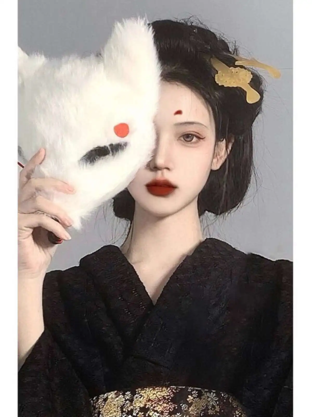 Halloween cosplay anime gueixa máscara traje de pelúcia raposa máscara facial meia face de pelúcia masquerade foto adereços