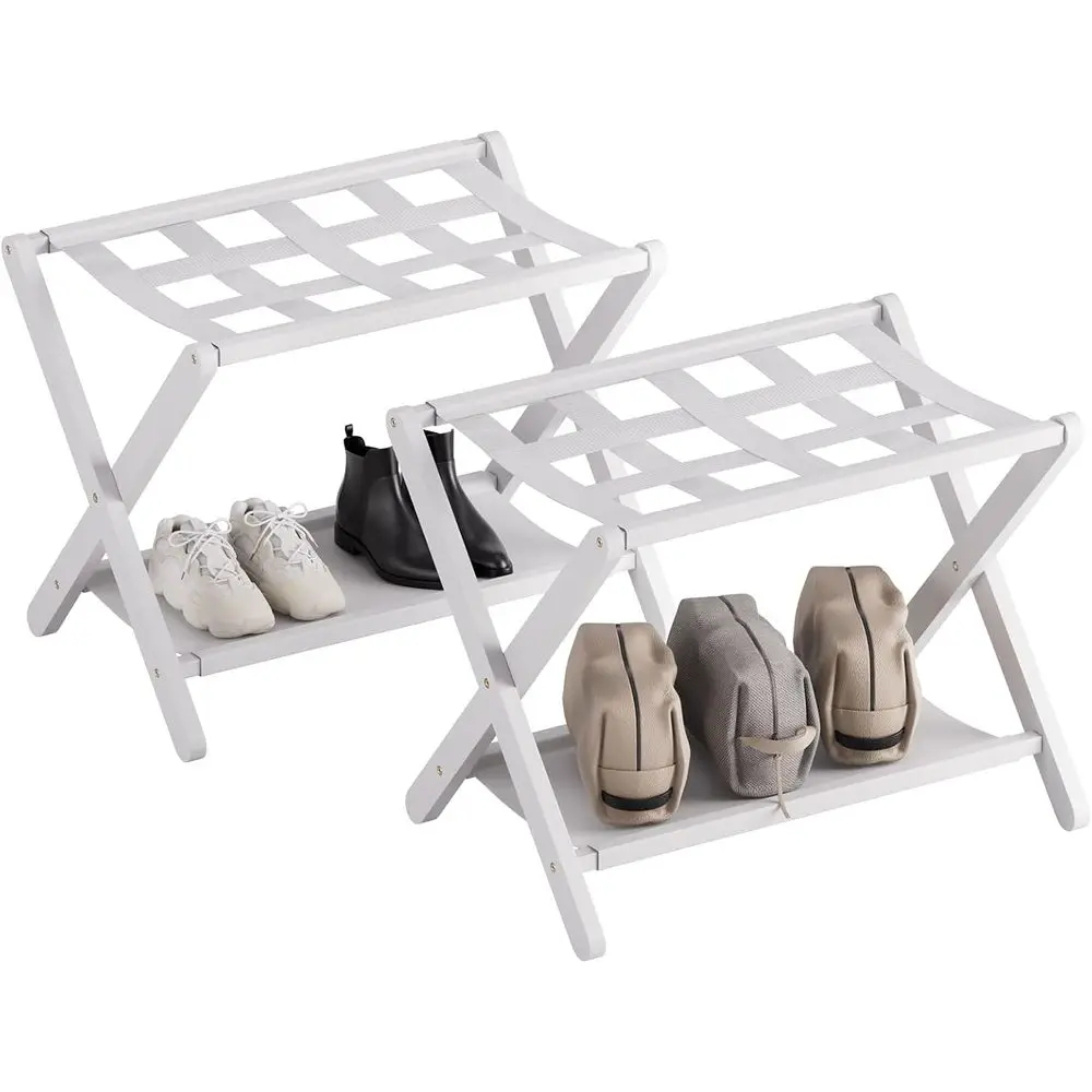 

Белая подставка для чемоданов, набор из 2 шт., складная подставка для чемоданов с полкой для хранения, бамбуковый держатель для чемоданов с 5 нейлоновыми ремнями или для использования в гостиной/спальне, хит продаж