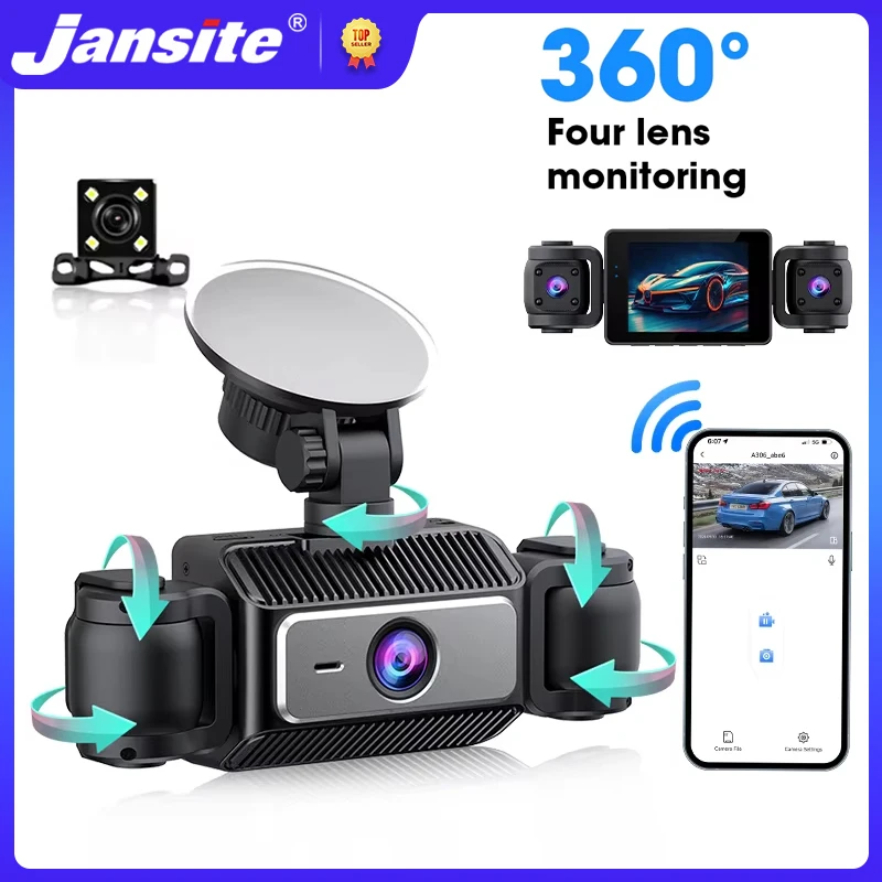 Jansite Car DVR 4-Channel Recording Dash Cam Rearview Camera 1080P DVR Built-In WiFi IR Night Vision HD Video Recorder G-Sensor