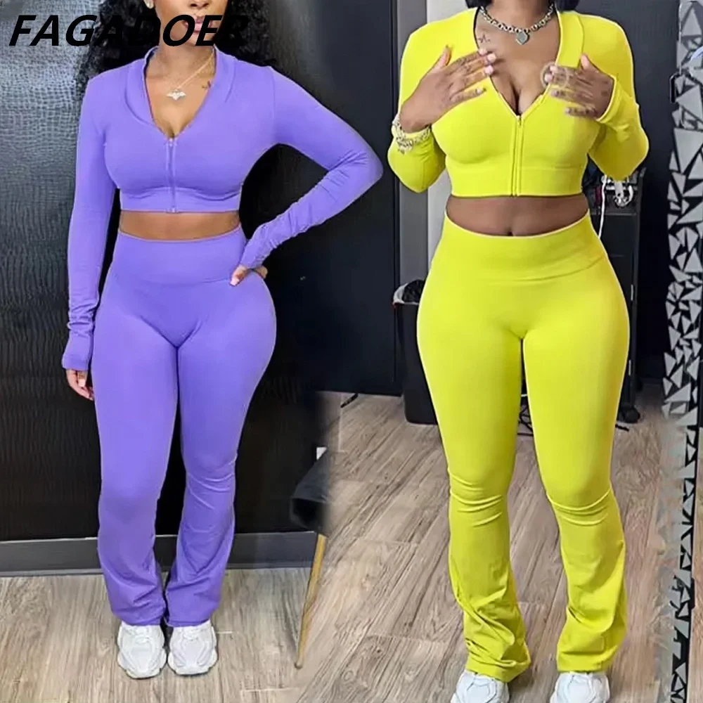 

FAGADOER High Quality Sport 2 Piece Sets Zip Outfits Women Long Sleeve Stretchy Crop Top Flare Pants Tracksuits Activewear