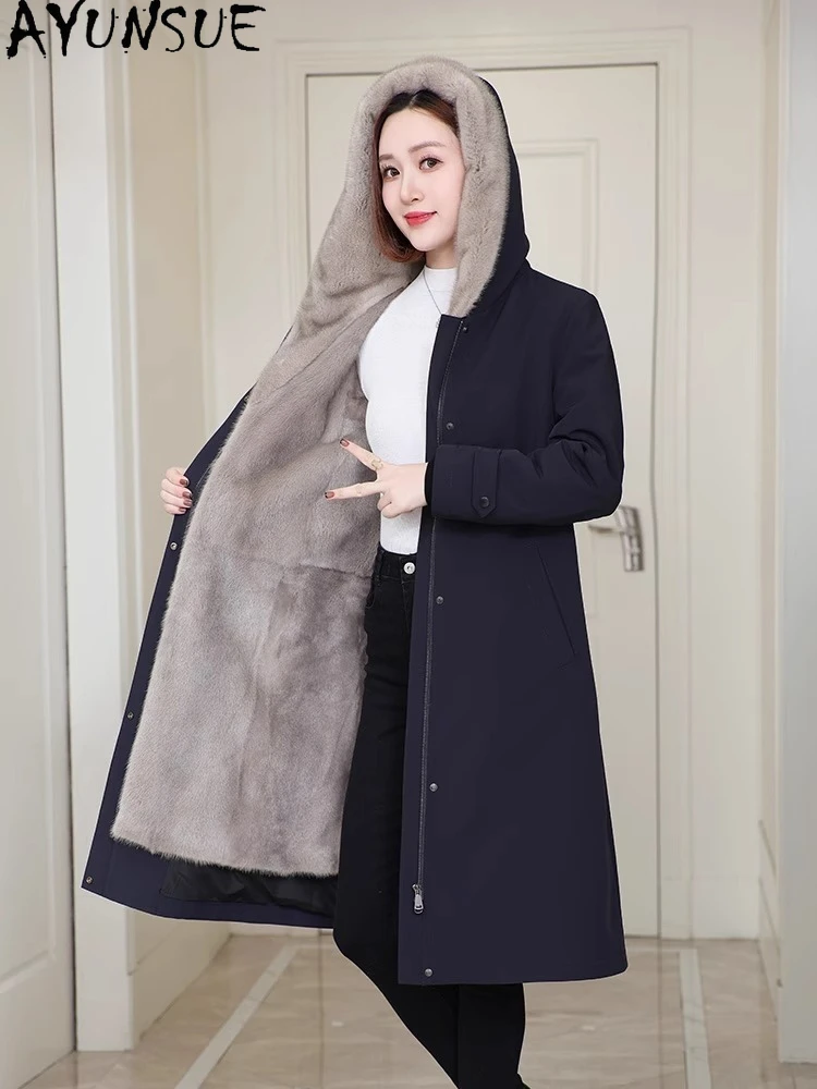 AYUNSUE Natural Mink Fur Coat Women Winter Clothes Mid-length Parka Liner Detachable Real Fur Coat Womens Coats Пальто Женское