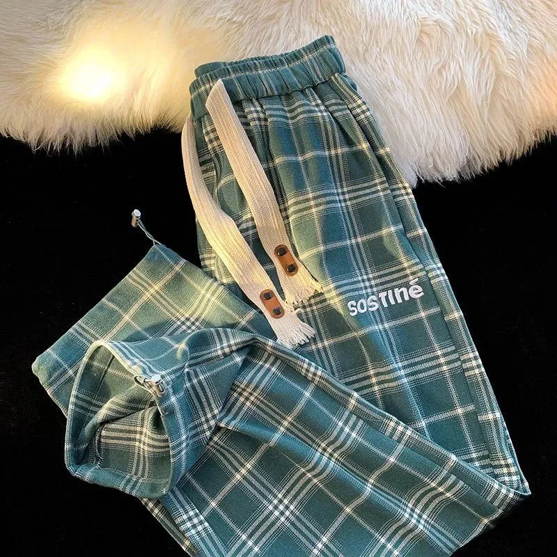 New Spring and Autumn Fashion Trendy Brand Retro Plaid Wide Leg Straight Leg Pants Versatile Casual Loose and Fashionable Pants