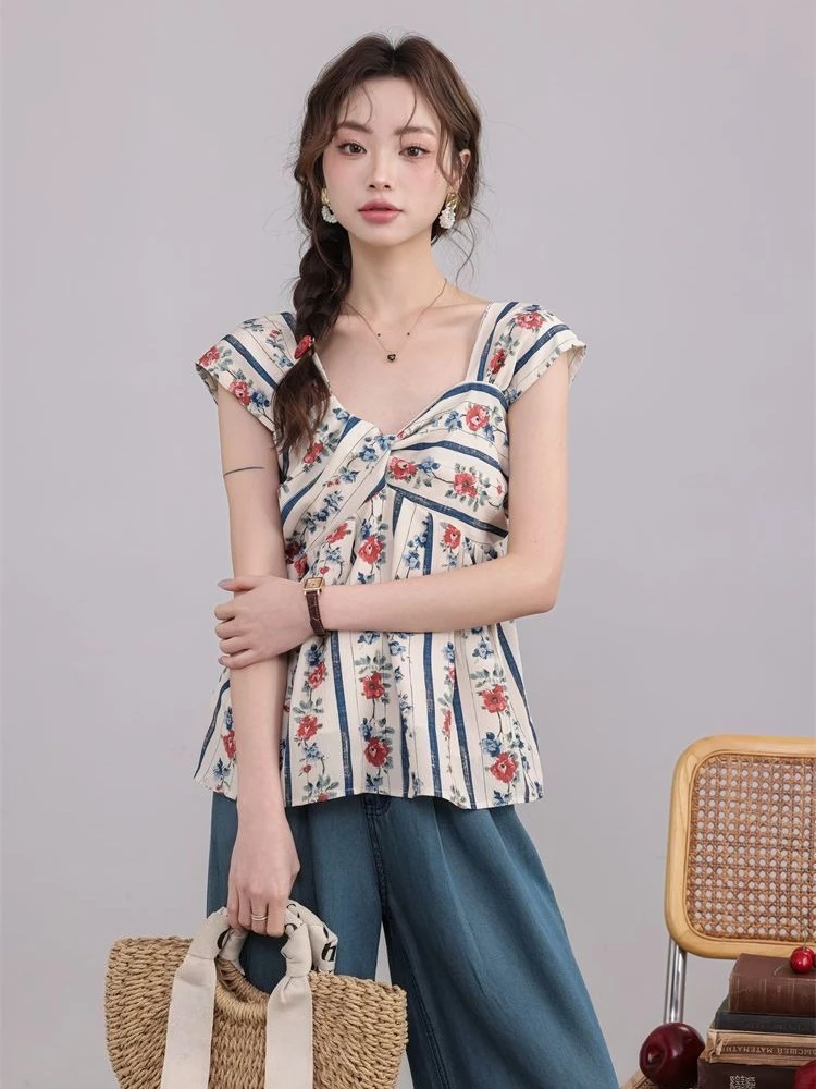 Elegante Blusa Túnica sin Mangas con Estampado de Rosas para Mujer, Verano 2026, Nueva Blusa Floral Vintage, Sedosa, Cómoda, Corte Relajado, para Uso Diario