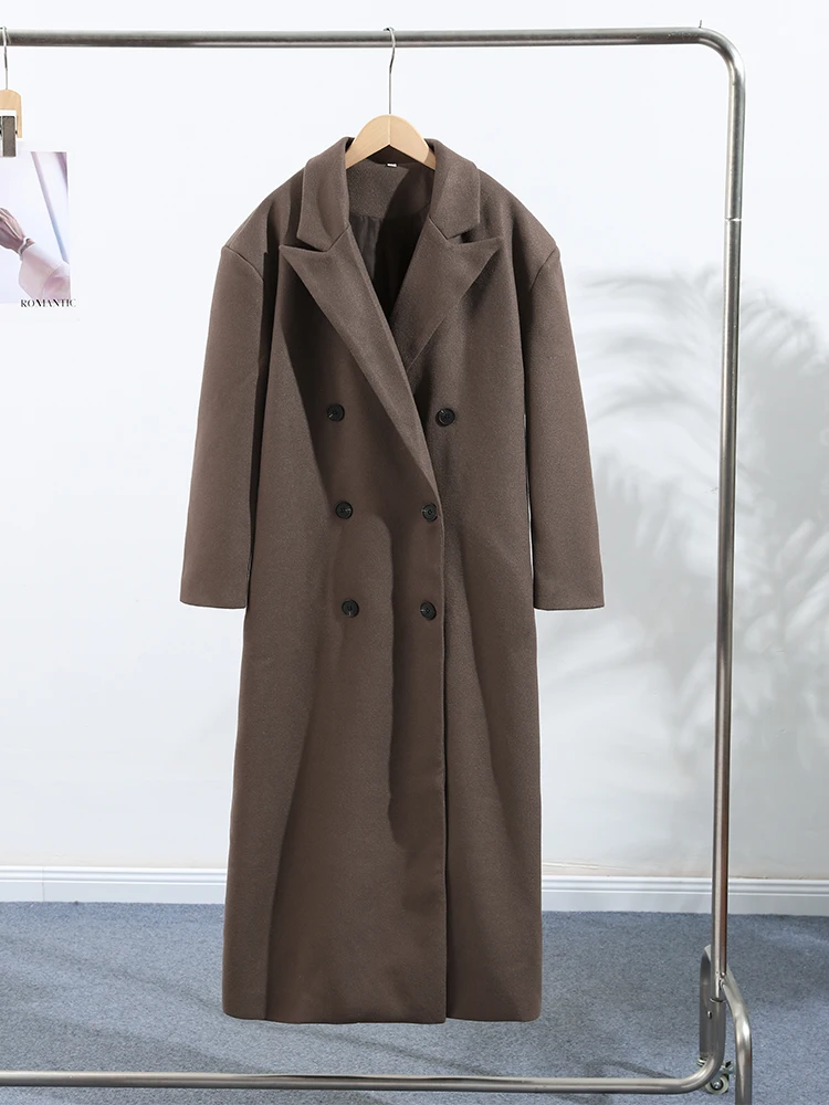 

Solid Wool Long Coats Women Elegant Lapel Doube-breasted Full Sleeve Pocket Loose Jackets 2025 Autumn Winter Chic Outwears Lady