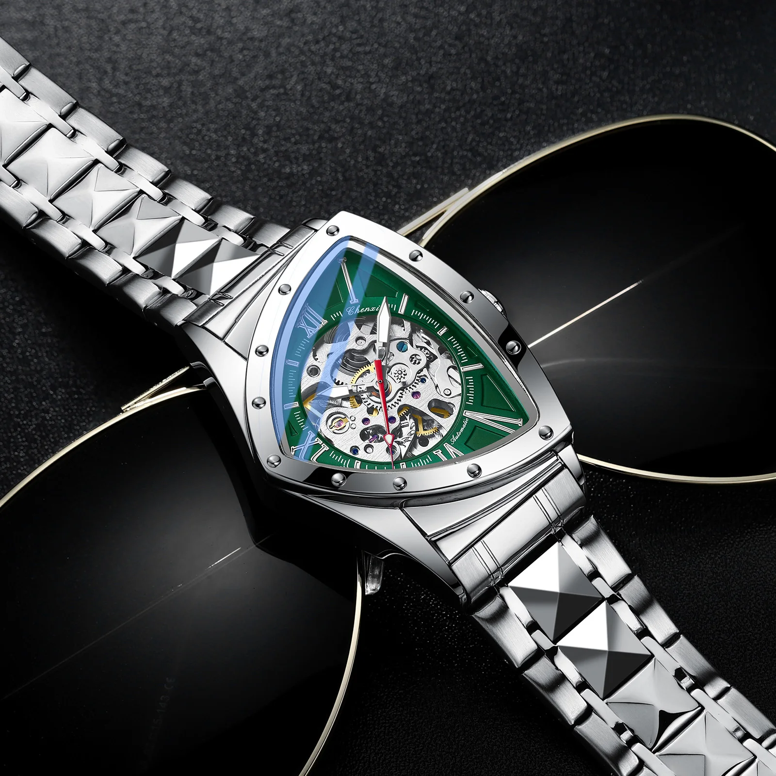 CHENXI ساعة أوتوماتيكية رجل الميكانيكية موضة الهيكل العظمي العسكري جوفاء مقاوم للماء ساعات رياضية للرجال مثلث الهاتفي ساعة اليد