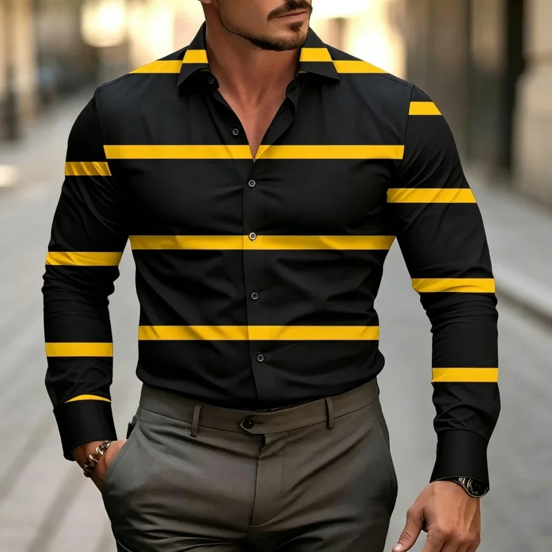 Men's Horizontal Striped Printed Long-Sleeved Shirt  Fashionable Slim Fit Cardigan Top  Casual Versatile Style