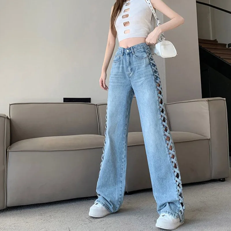 

MODX-Hollow Wide-Leg Jeans for Women High-Waisted Trousers Thin Stretch Pants Loose and Versatile Side Woven Spring and Summer