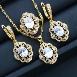 2023 New White Zirconia Gold Plated Jewelry Sets for Women Wedding Earring Pendant Necklace Ring Gift Box