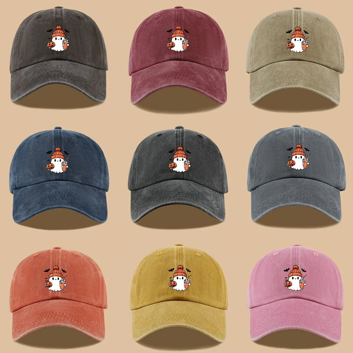 1pc Vintage Washed Baseball Cap Cute Ghost Pumpkin Milk Tea Embroidery Dad Hat Adjustable Strap Unisex Halloween Casual Sun Hat