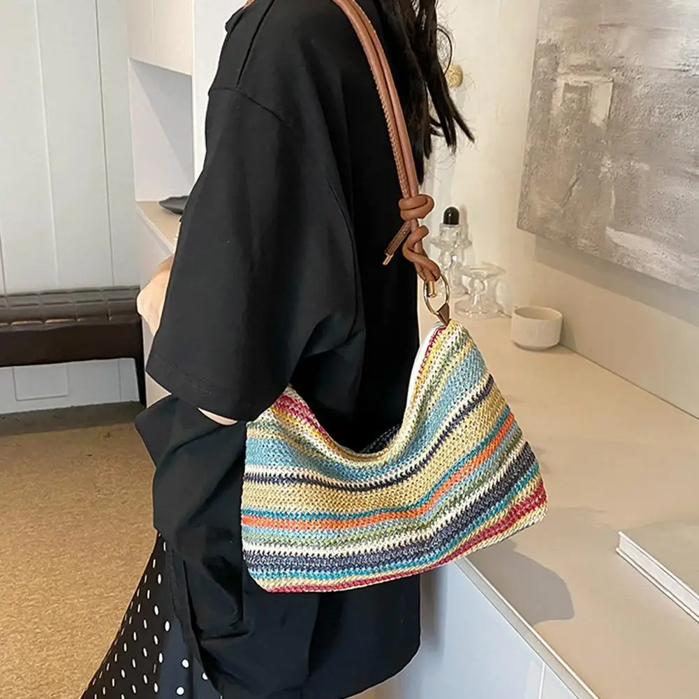 Tas Selempang Kecil Trendi Aksesori Siswa Modis Tas Jerami Bohemian Tas Selempang Pantai Tenun Tas Kurir Bahu