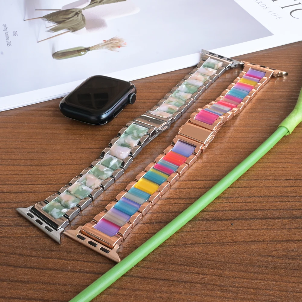 

Rose Gold Resin Strap for Apple Watch 44mm Band 40mm 42mm 45 46mm 38 41 Stainless Steel Band for IWatch Series 10 9 8 7 Ultra Se
