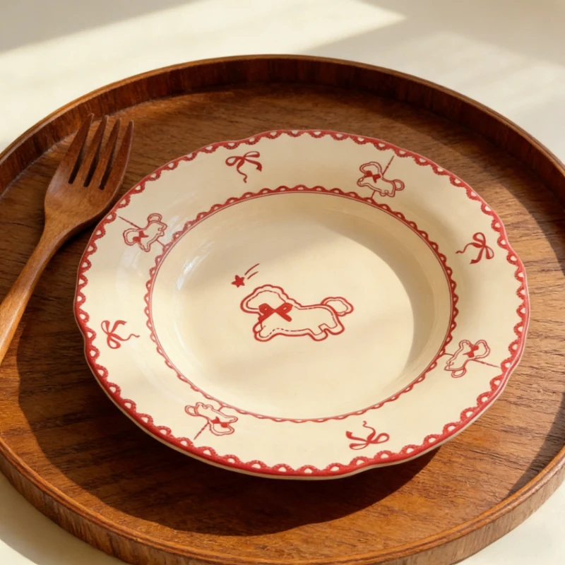 

Новая керамическая тарелка с красным пони в новогоднем мультяшном стиле, милая тарелка для ужина и салата с подглазурной росписью, изысканная посуда для дома