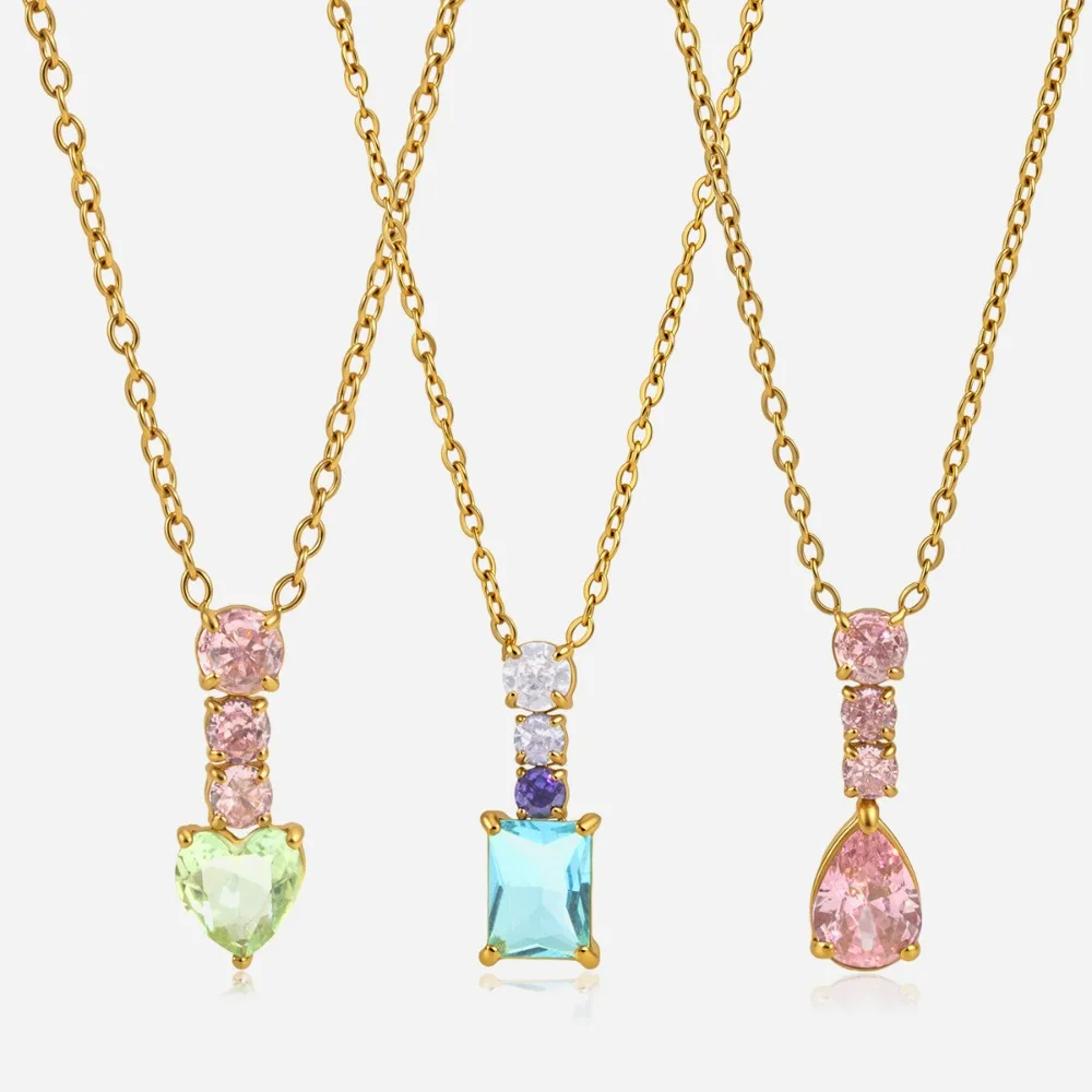 Temperament Sweet Stainless Steel Colored Gems Heart Square Teardrop Zircon Pendant Necklace for Women Dainty Jewelry Colorfast