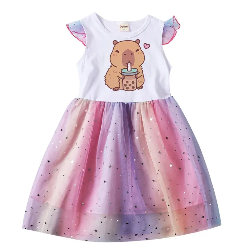 111 www فستان ملابس قطنية للأطفال لطيف كابيبارا مطبوع من الدانتيل فساتين الأميرة للفتيات الصغيرات هدية حفلة عيد ميلاد