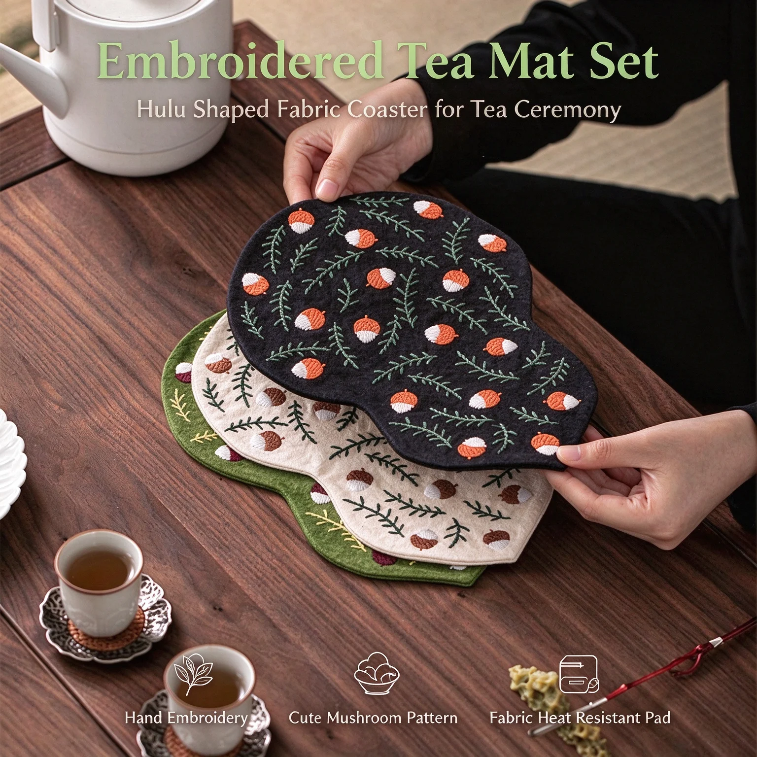 Embroidered Gourd Teapot Holder Mat Retro Heat Insulation Pad Kung Fu Tea Accessory High End Tea Mat Coaster For Tea Decor