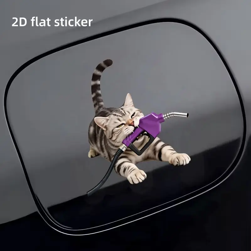 2D Flat Funny Tabby Cat Bite Purple Fuel Nozzle Waterproof Sticker For Car Fuel Tank Cap Decor