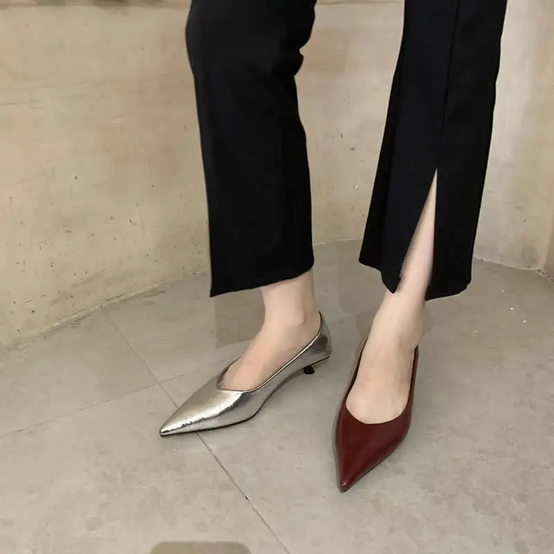 

New Women's Boat Shoes Pointed Toe Pumps Ladies Kitten Heel Dress Shoes Silver Office Work Shoes for Female Black Spring Autumn