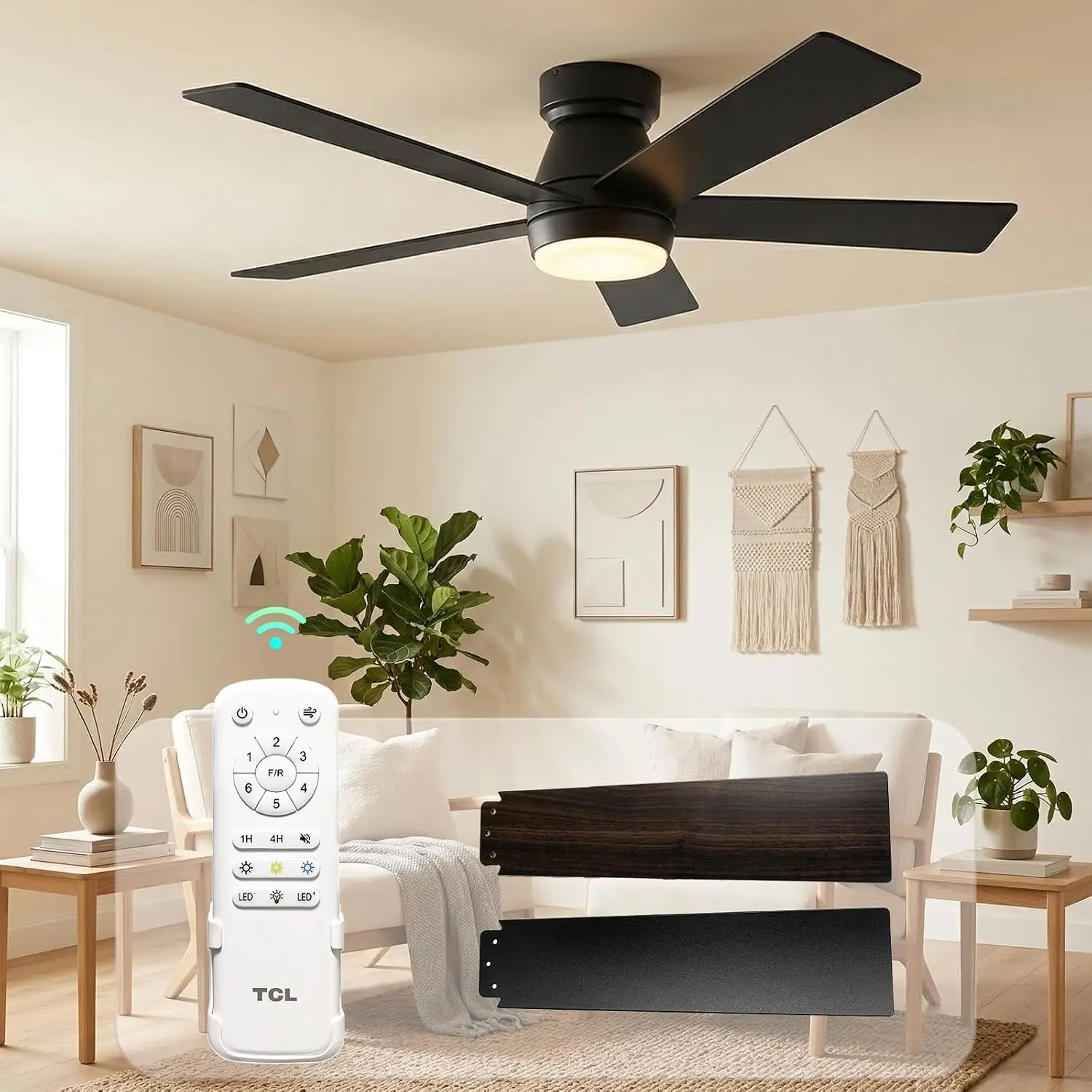 42-Inch Black Ceiling Fan with Light and Remote, Low Profile Design
