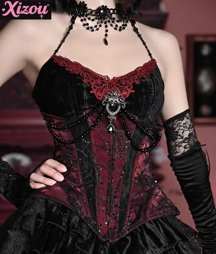 

Gothic Subculture Harajuku Rhinestone Pendant Fishbone Waist Seal Vintage Lace Printed Velvet Tank Hot Girl Y2K Crop Top